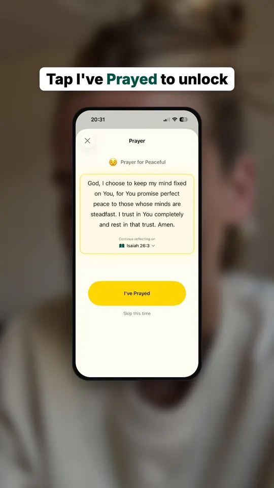 Slide 6: real GraceLock prayer screen, tap I've Prayed to unlock