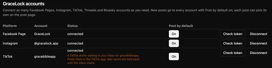 Connected Facebook Page, Instagram and TikTok accounts for GraceLock