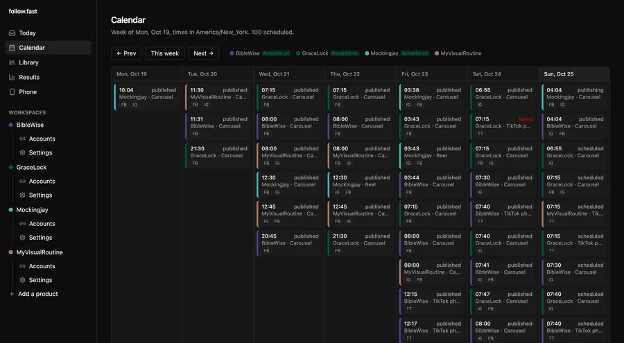 The calendar with a week of published and scheduled posts for four apps