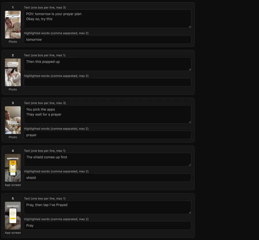 The slide editor with text and highlighted words per slide